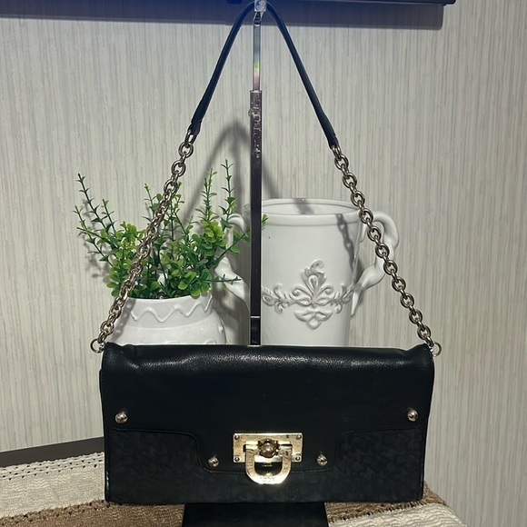 Dkny Handbags - DKNY Black Leather/Black Canvas Shoulder Clutch